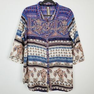 Aratta Silent Journey Top Tunic Boho Mixed Print Quirky Floral Beaded Blue